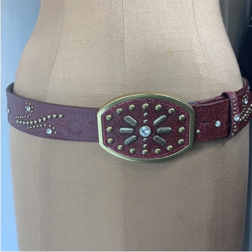 Guess Y2K Belt Burgundy Leather with Brass Buckle, Studs and Rhinestones Medium